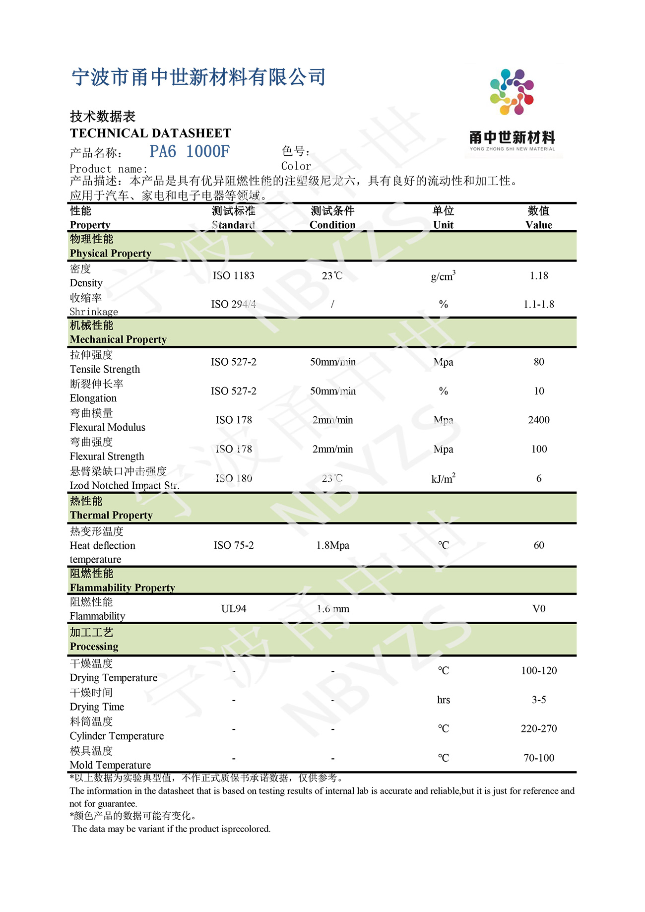 PA6 1000F技術(shù)數(shù)據(jù)表